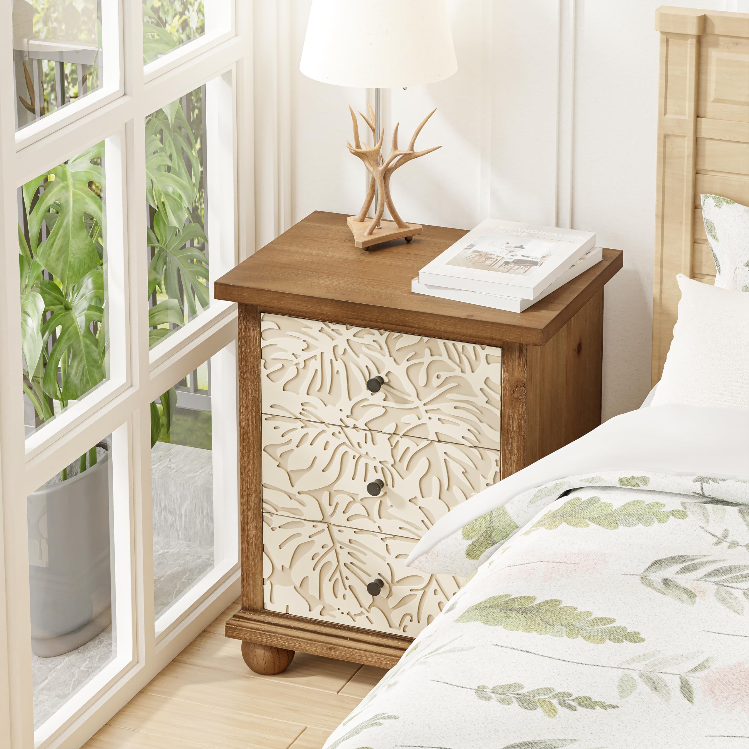 Rustic Farmhouse 3-Drawer Nightstand with Leaves Pattern Carved, Vintage French Country End Table