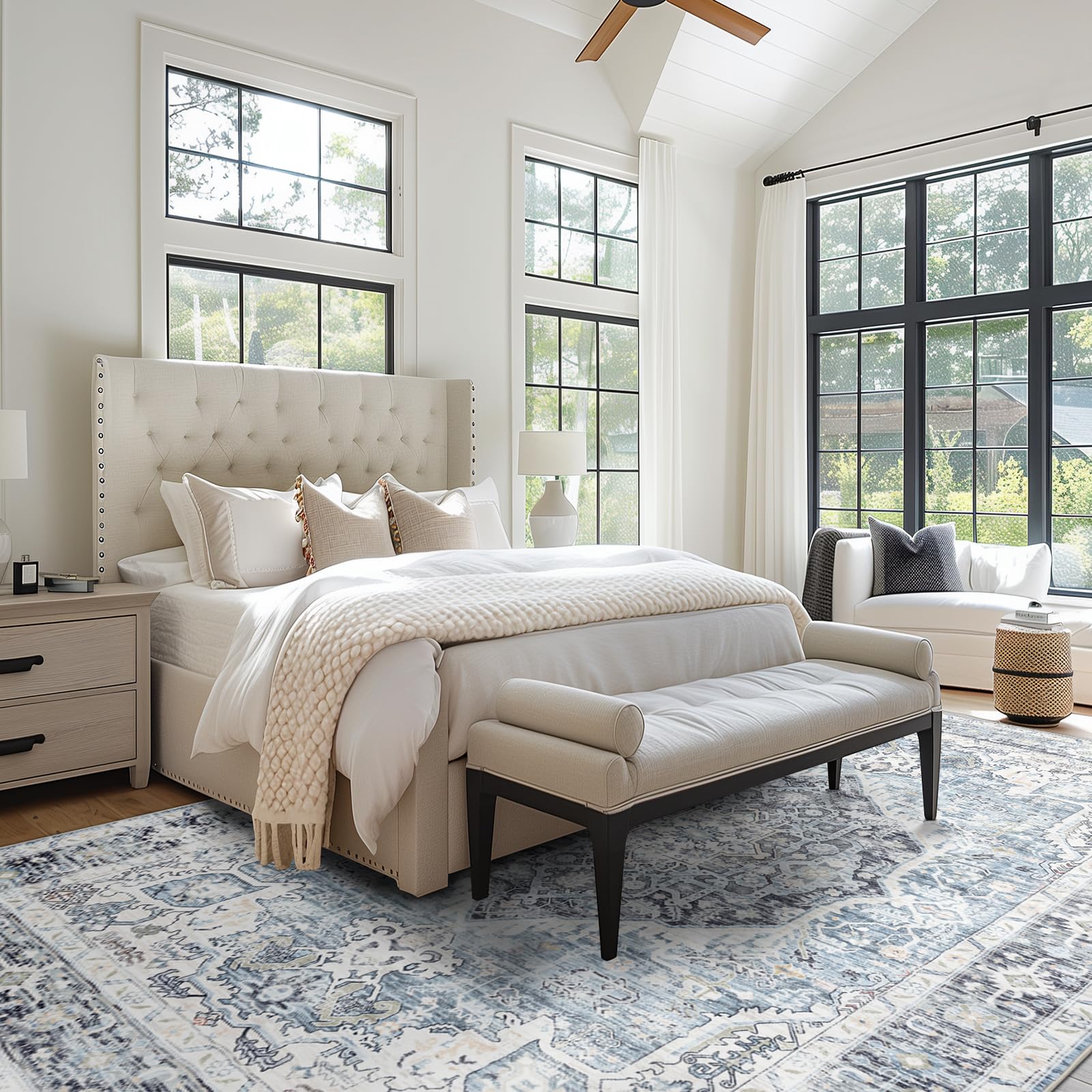 Area Rug 8×10, Large Vintage Boho Rug,Ultra-Soft Low Pile, Washable, Non Slip,Stain