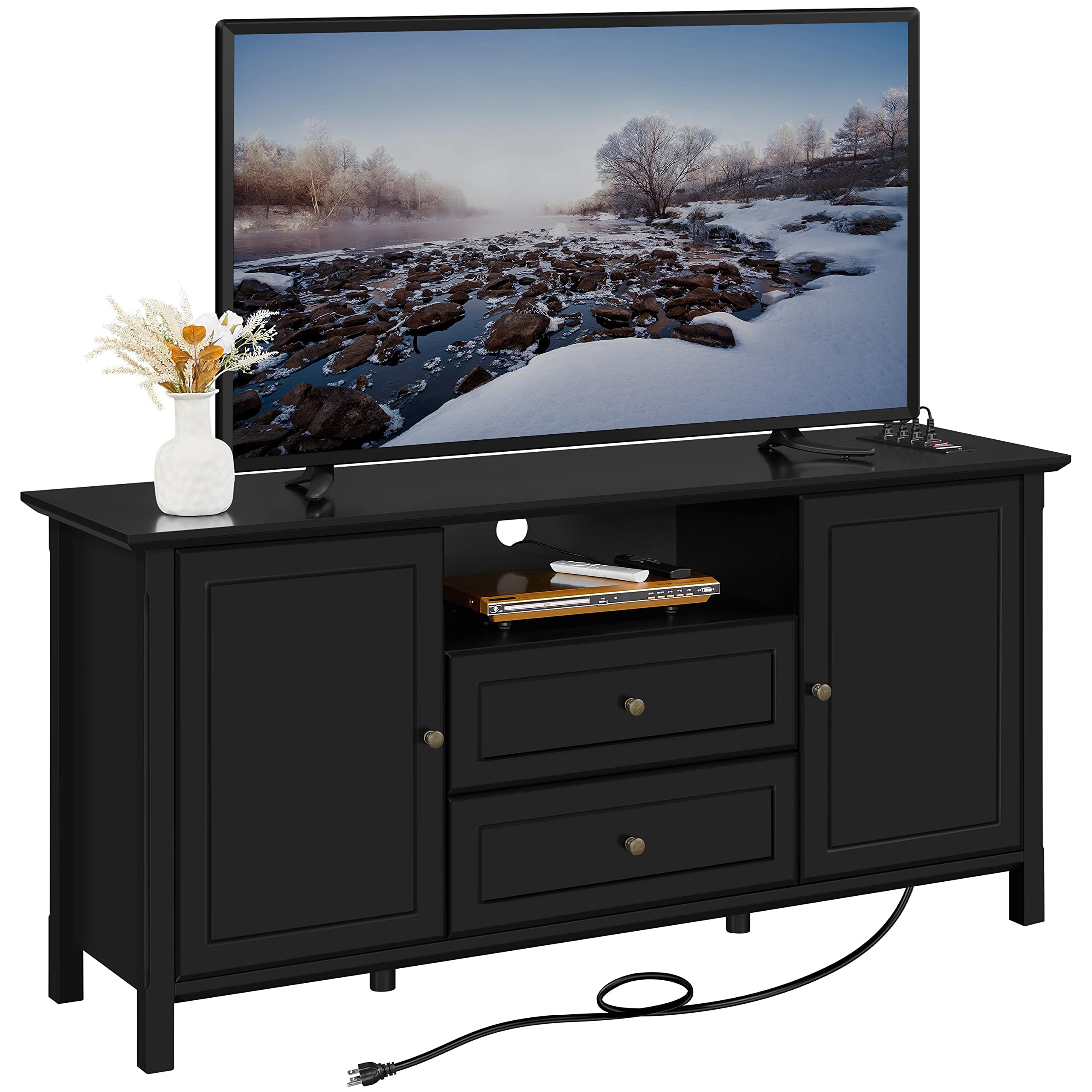 Black TV Stand with Drawers for TVs up to 65 Inch, Media Entertainment Center