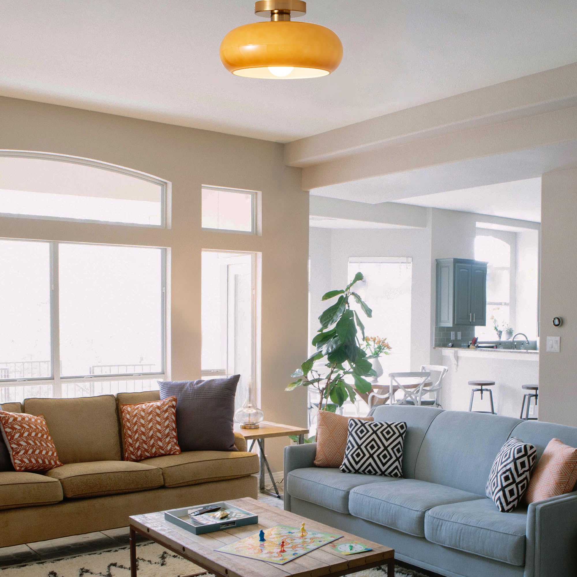 Semi Flush Mount Ceiling Light with Orange Glass Shade