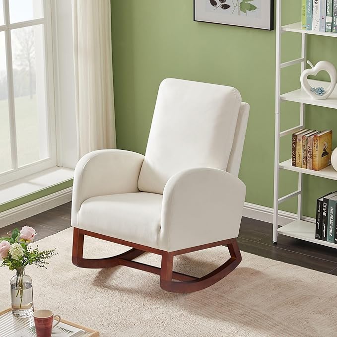 Rocking Chair for Nursery, Midcentury Modern Velvet Accent Rocker Armchair with Side Pocket, Upholstered High Back Wooden Rocking Chair for Living Room Baby Room Bedroom (Beige)