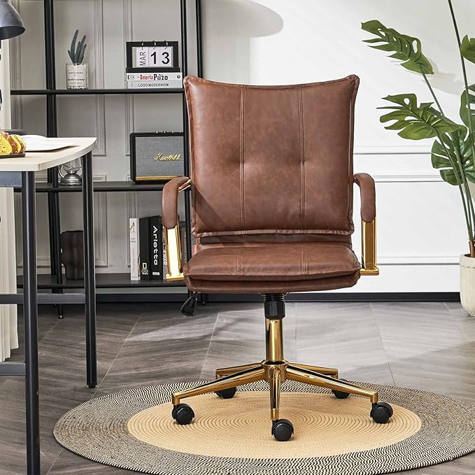 Mid-Back Ergonomic Leather Office Desk Chair, Modern Upholstered Computer Chair