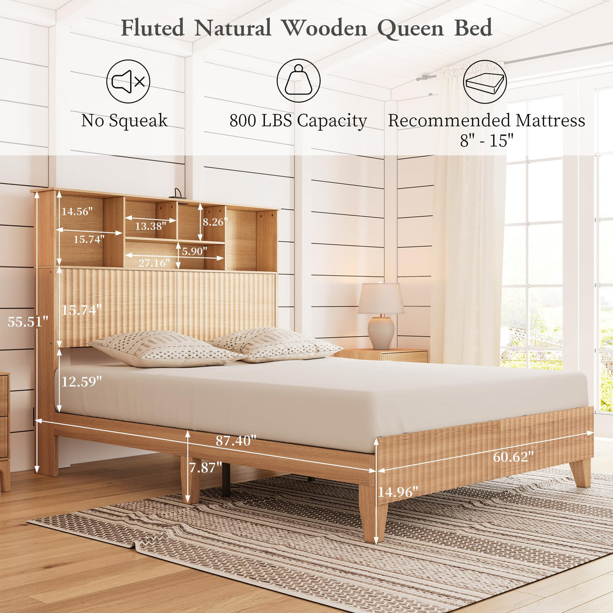 -Century Fluted Panel Queen Bed Frame with 55.5" Tall Storage Headboard and Charging