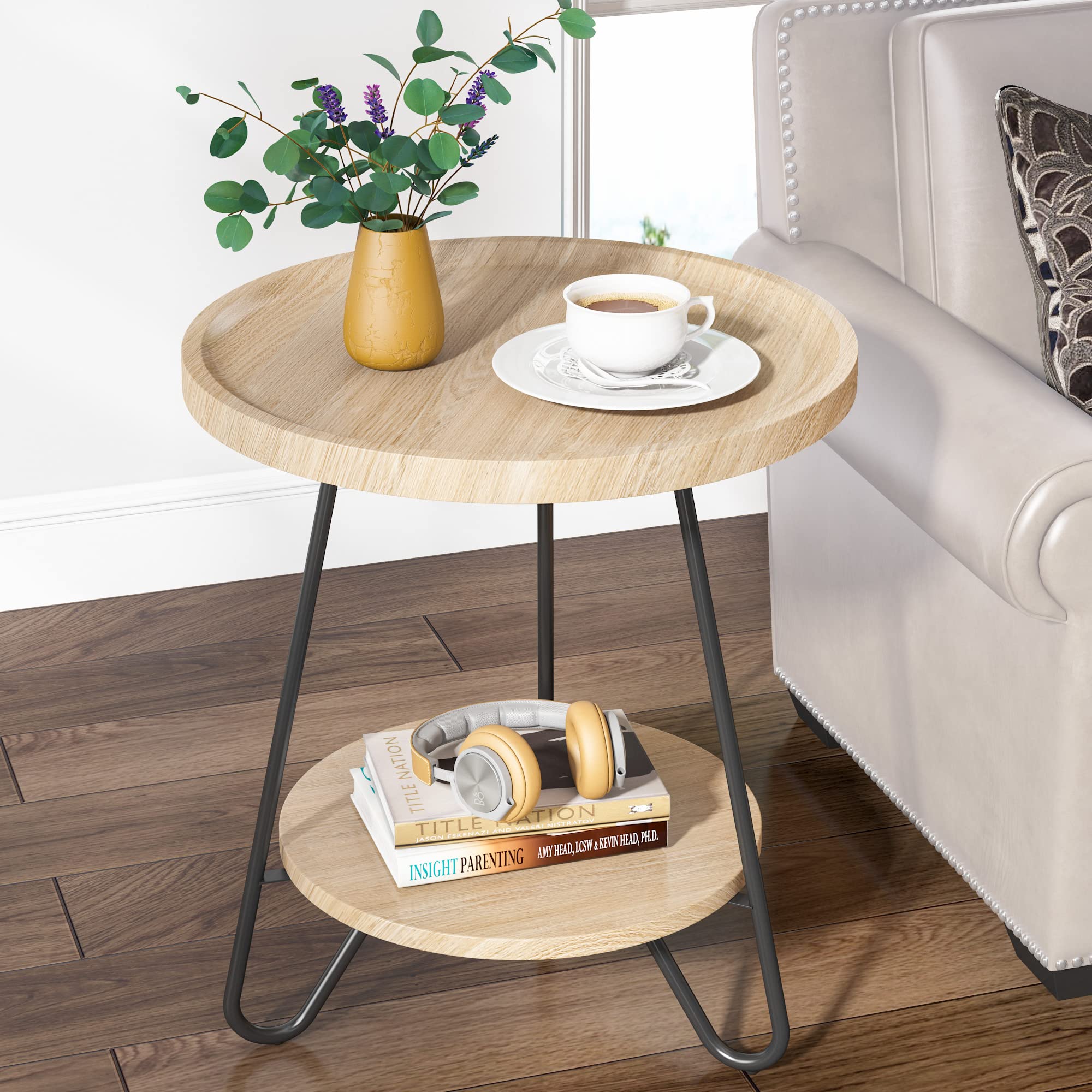 Set of 2 Round Side Table, 2-Tier End Table with Metal Legs