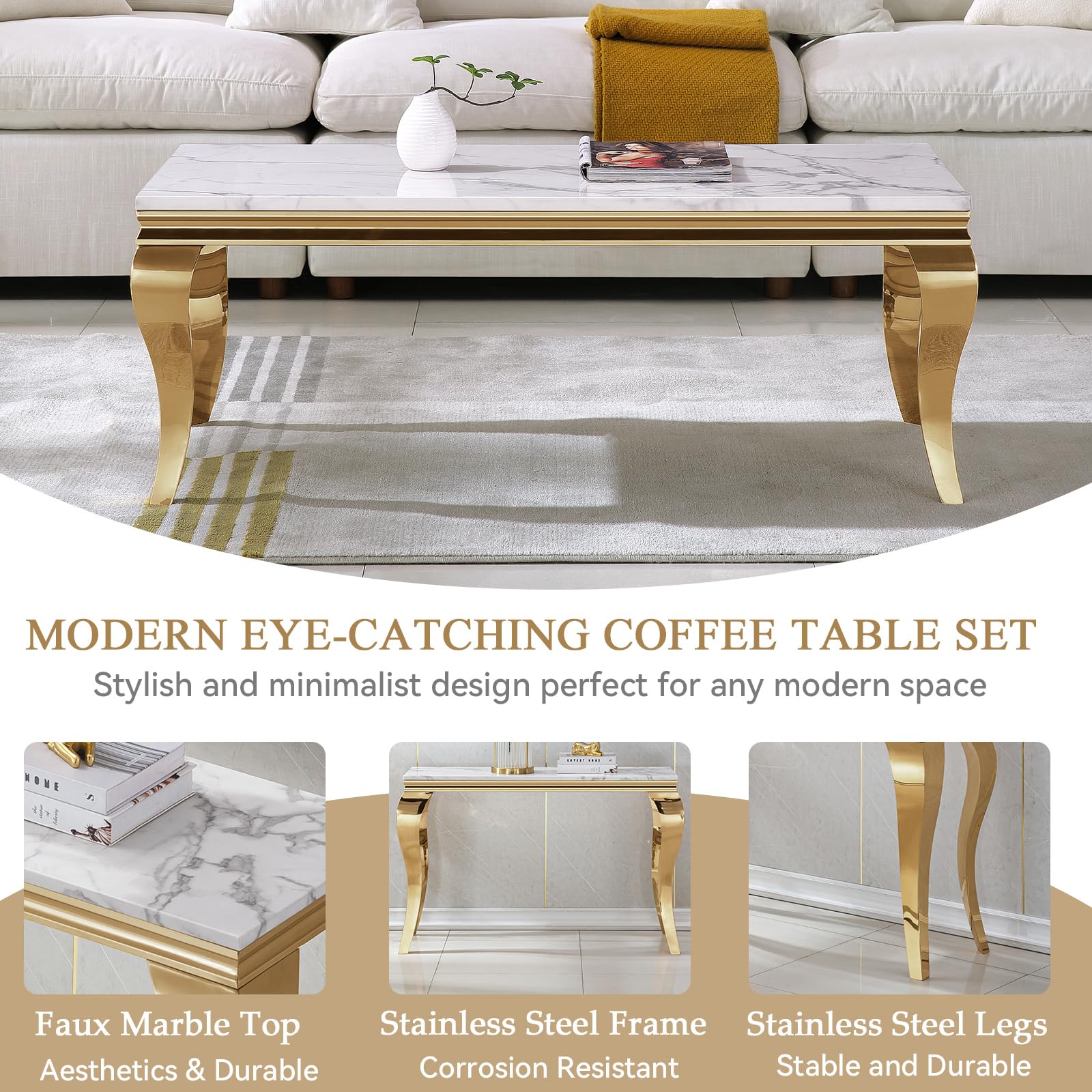 47" Coffee Table with White Marble Top, Modern Rectangle Faux Marble Coffee Table