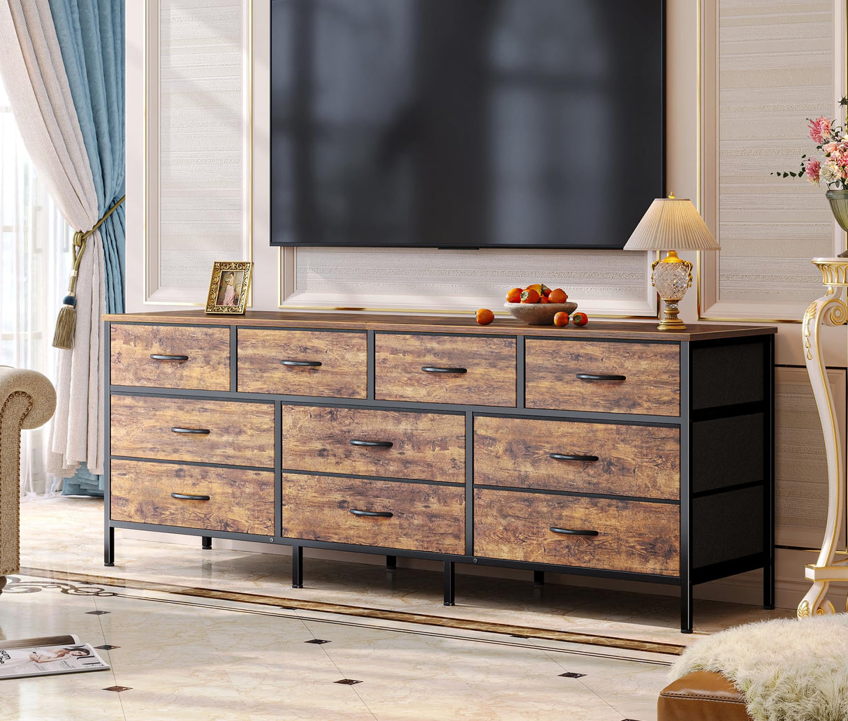 63 Inch TV Stand Dresser for Bedroom, Long Dresser with 10 Fabric Drawers, TV Stand