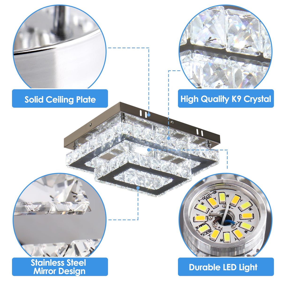 LED Crystal Ceiling Light Modern Flush Mount Rectangular Ceiling Lamp K9 Stainless