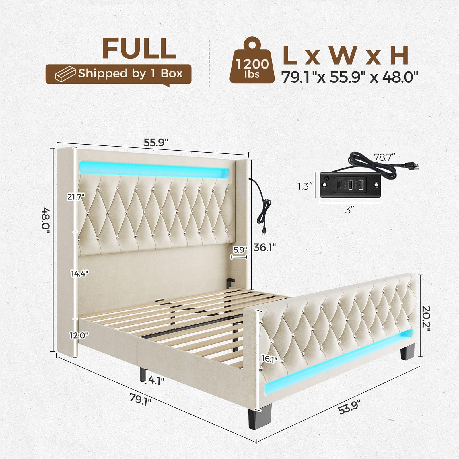 Full Bed Frame with LED Lights and Charging Station