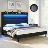 Queen Bed Frame with LED Lights and Wingback Headboard,