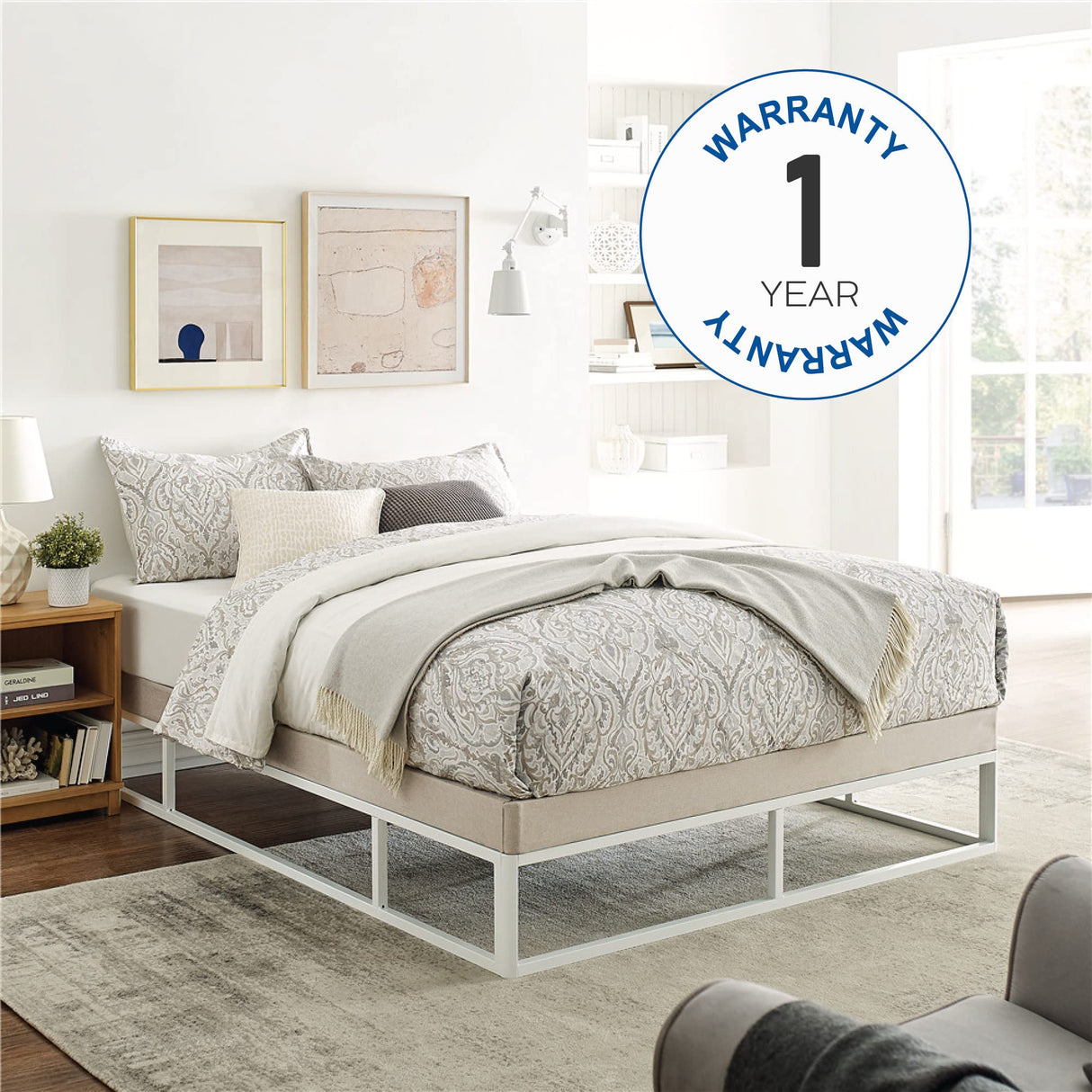 Capri Black Metal Platform Bed Frame with Built-in Grey Upholstered Mattress