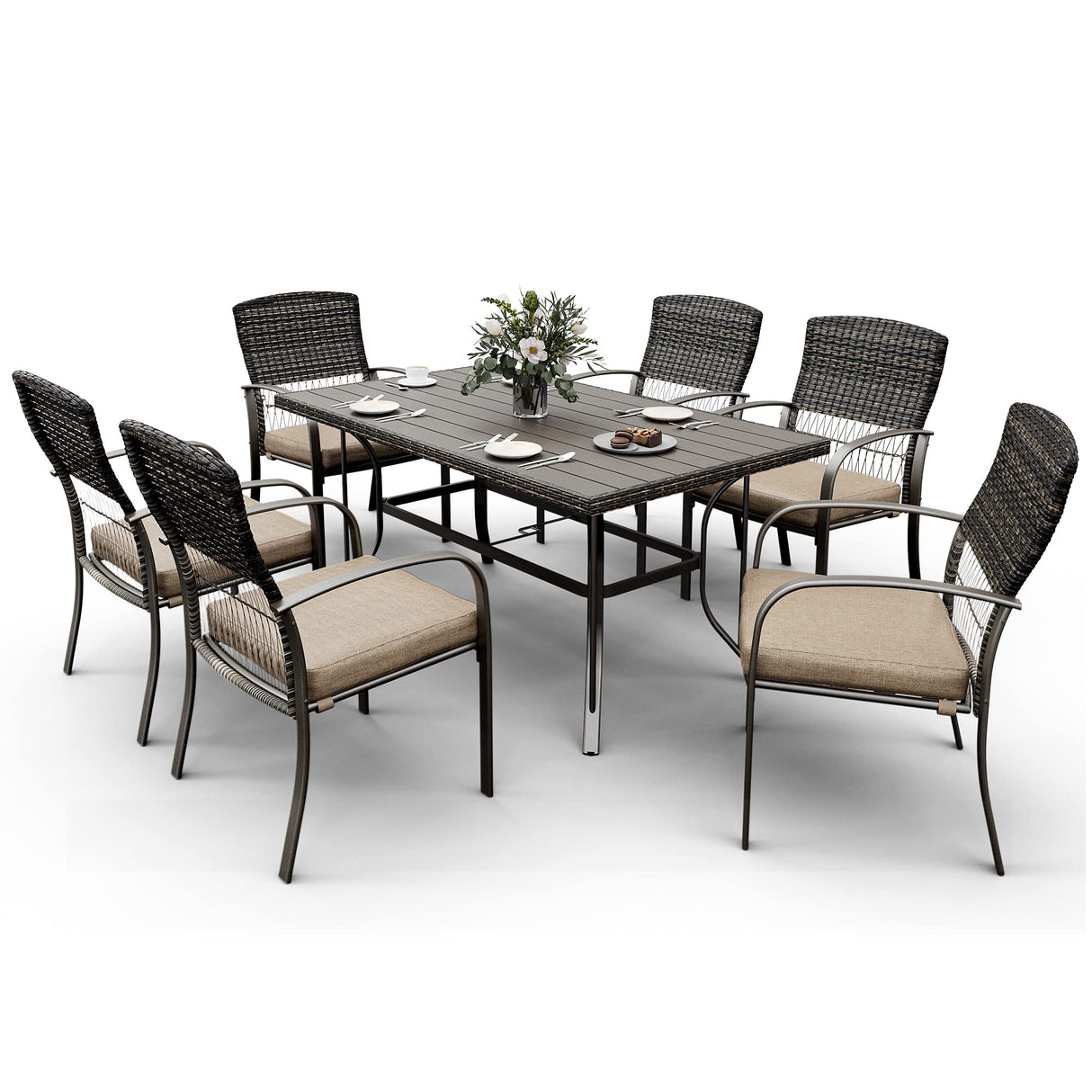 Patio Dining Set for 6, 7 PCS Patio Table & Chair Set, Metal Slatted Table