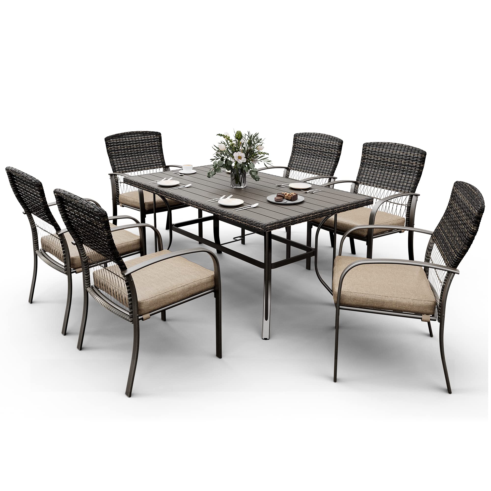 Patio Dining Set for 6, 7 PCS Patio Table & Chair Set, Metal Slatted Table