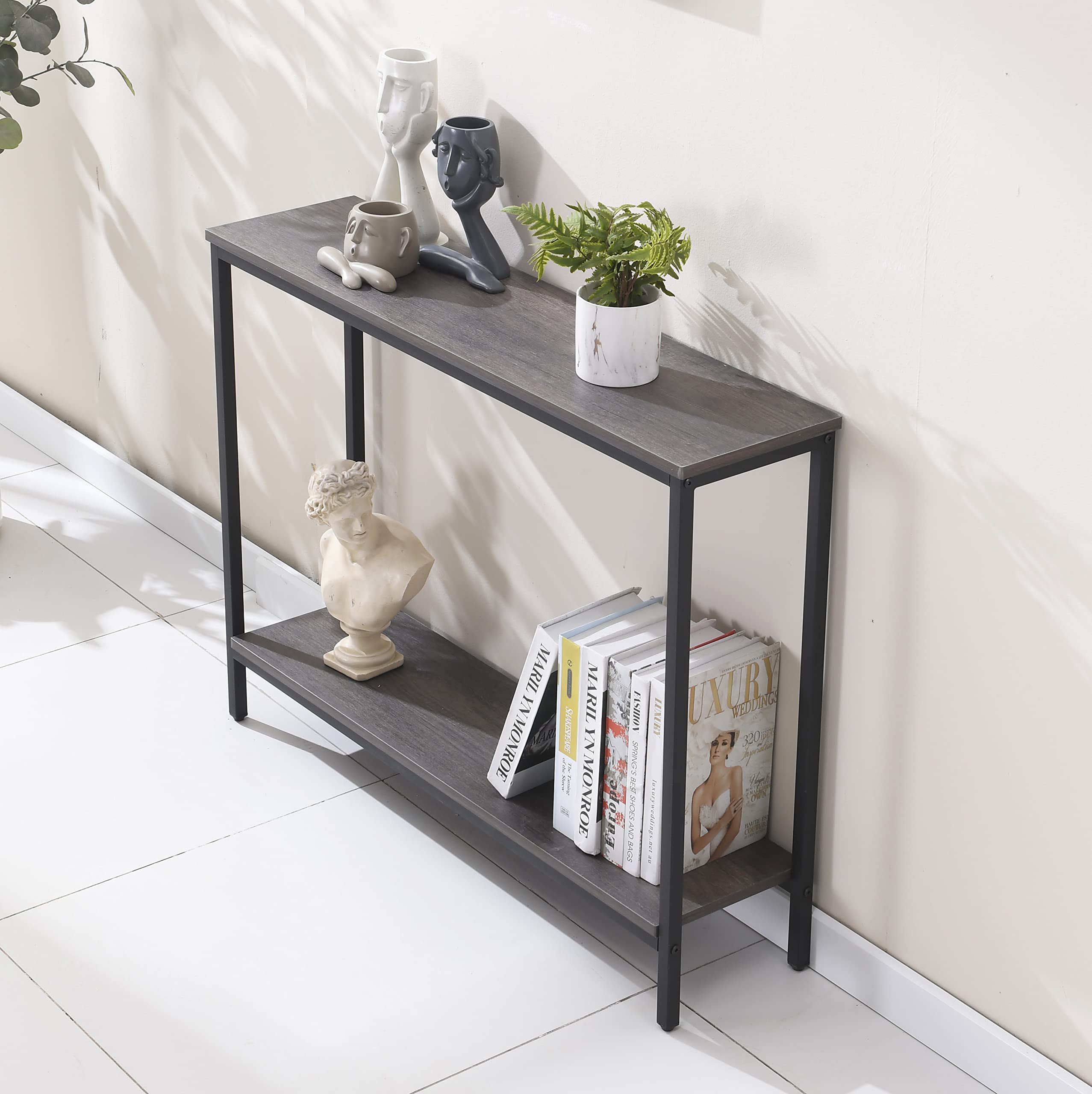 Modern Industrial Sofa Console Table for Living Room, Office (Dark Grey, Double Layer)