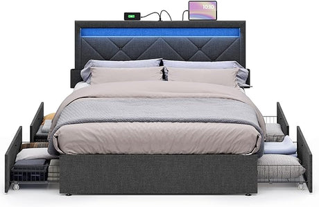 LED Bed Frame Queen Size with Headboard and 4 Drawers, 1 USB Port and 1 Type C Port,