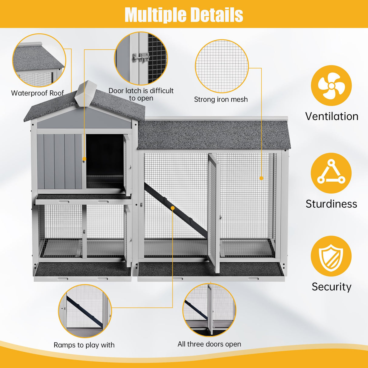 Rabbit Hutch Indoor Outdoor Bunny Cage 63” Guinea Pig Cage 2 Story Rabbit House