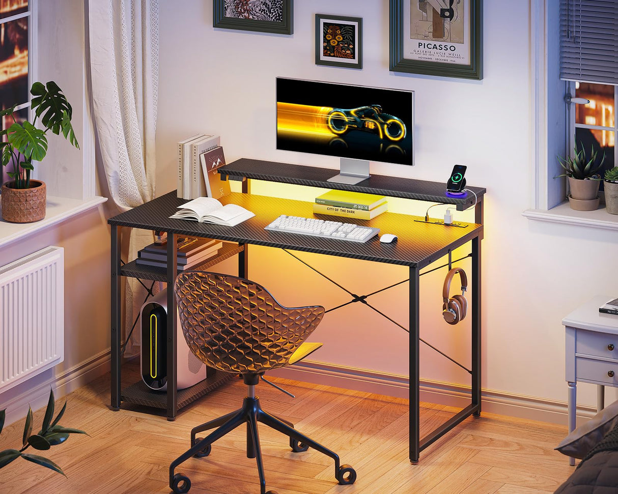 Gaming Desk with Led Lights & Power Outlet, 40 Inch Small Gaming Computer Desk