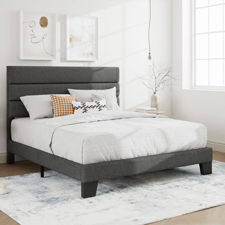 Queen Platform Bed Frame with Upholstered Fabric Headboard, Mattress Foundation