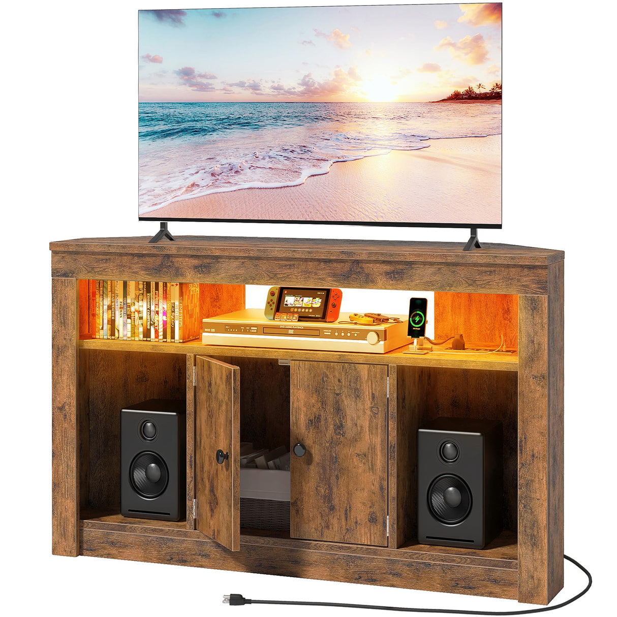 Full Wooden Corner TV Stand with Power Outlet and LED Light for 50 55 inch TV, Corner