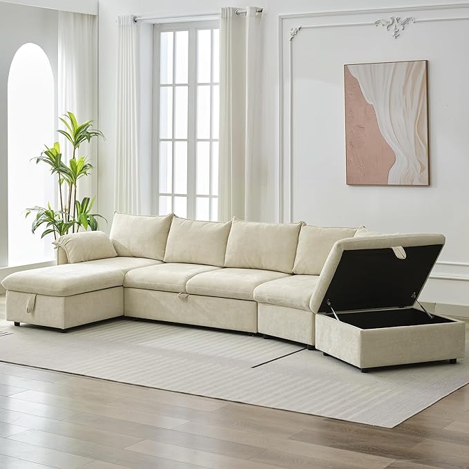 125" Pull Out Sleeper Sofa Bed with 2 Back Pillows,Oversized L-Shaped Sectional