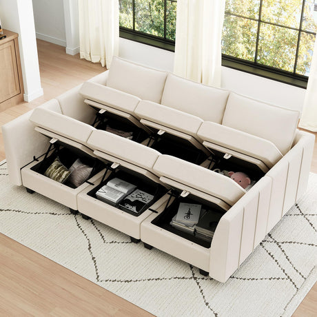 Modular Sectional Sofa Sleeper Sectional Couch with Storage Velvet Sofa Bed for Living Room, 6 Seats, Beige