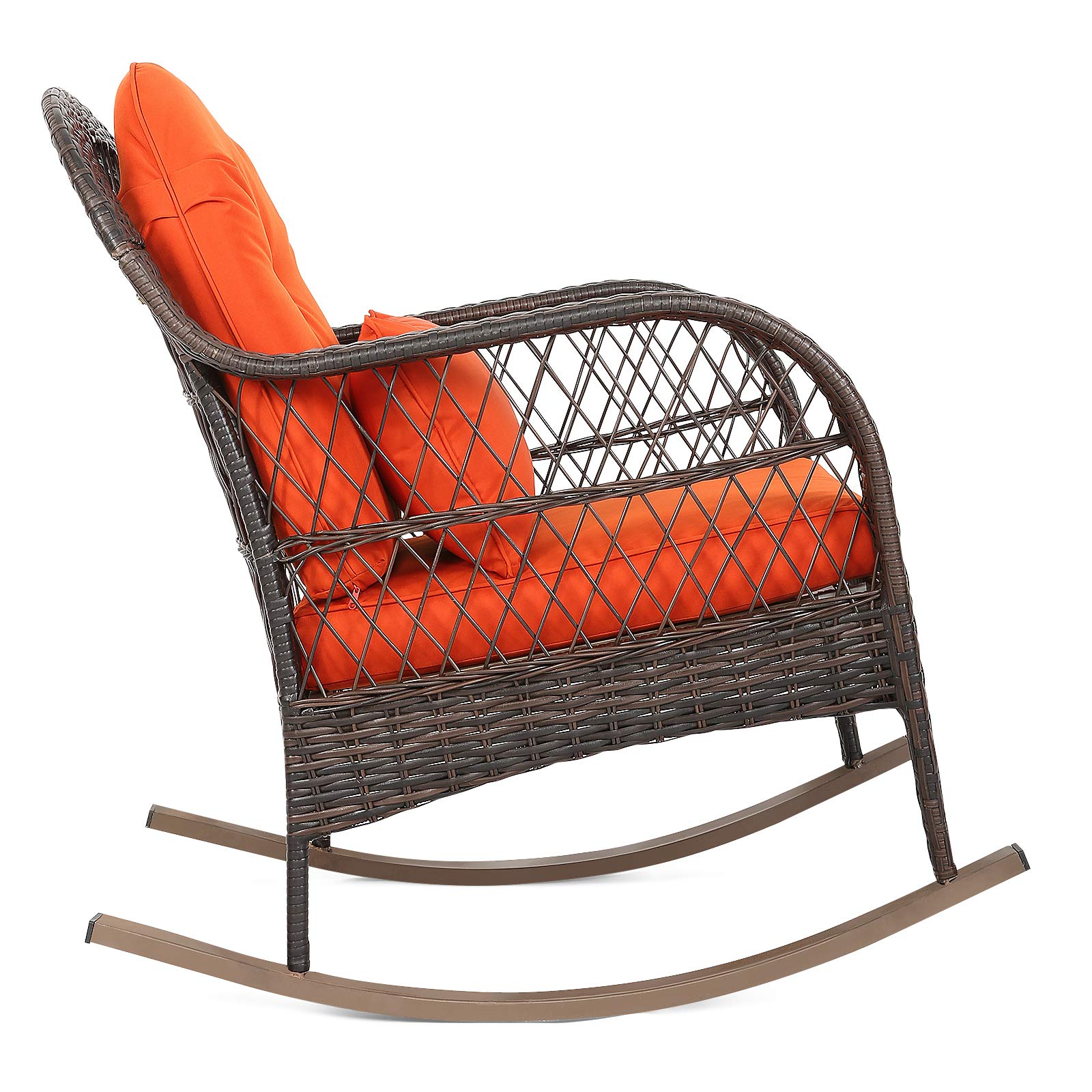 Outdoor Wicker Rocking Chair, All- Weather Rattan Armchair w/Heavy-Duty Steel Frame, Patio Glider Rocker Chair w/Thick Cushions & Lumbar Pillow for Poolside, Garden, Porch, Backyard