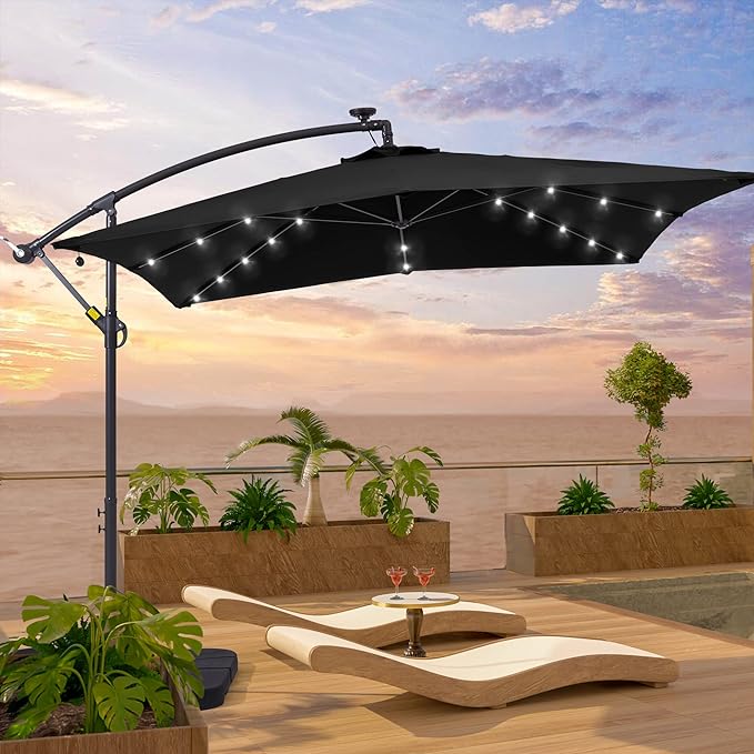 Solar Offset Hanging Market Patio Umbrella, rectangle patio umbrella, Steel Pole