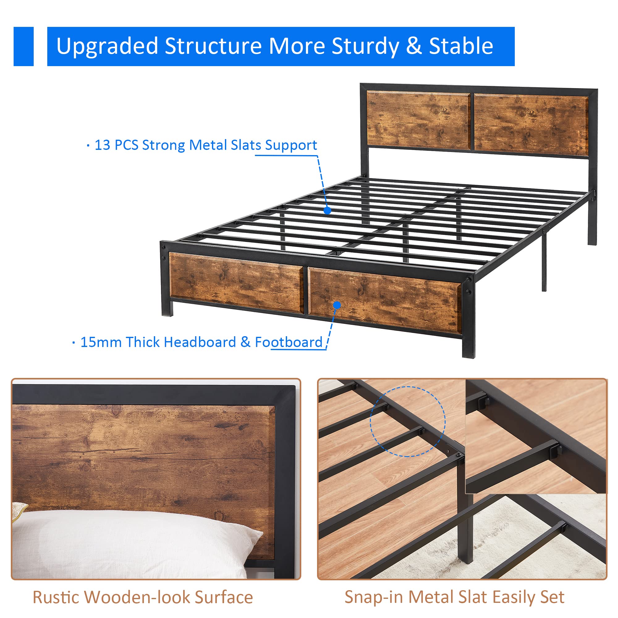 Full Platform Bed Frame/Mattress Foundation with Rustic Vintage Wood Headboard,