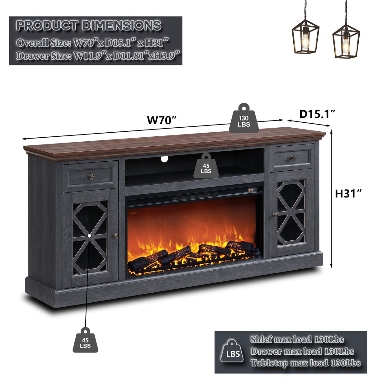 Farmhouse Fireplace TV Stand with 36" Electric Fireplace for 80 Inch TVs, 31" Tall