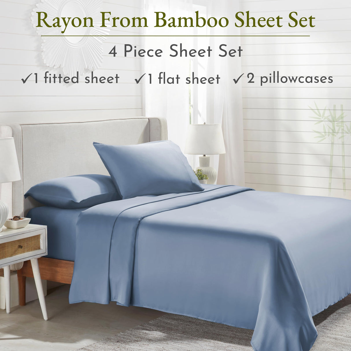 Rayon Bamboo sheets king size, Cooling Rayon from Bamboo Sheets King Size, Luxury 4 Piece Set with Fitted Deep