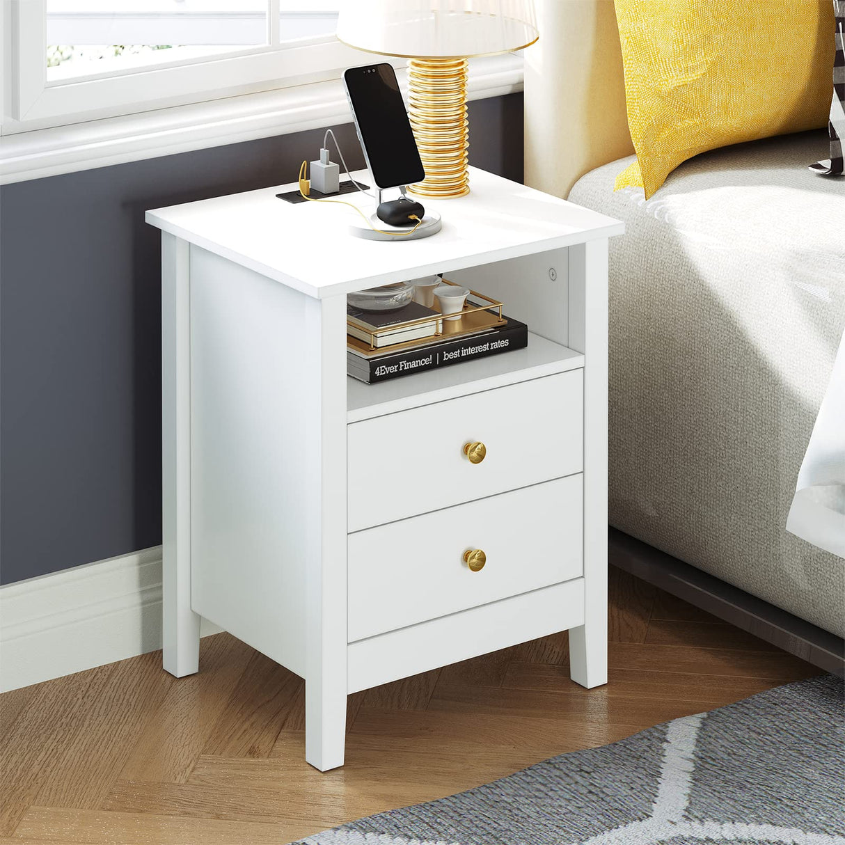 Nightstand with Charging Station, Night Stands with 2 Drawers for Bedroom