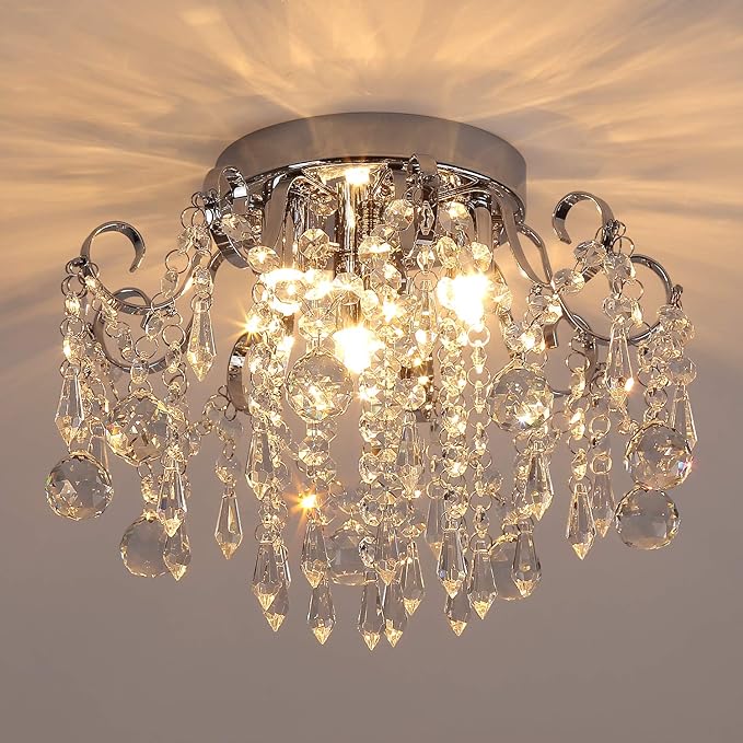 Small Crystal Chandelier Flush Mount Ceiling Light 3 Lights Modern Chrome Iron Raindrop