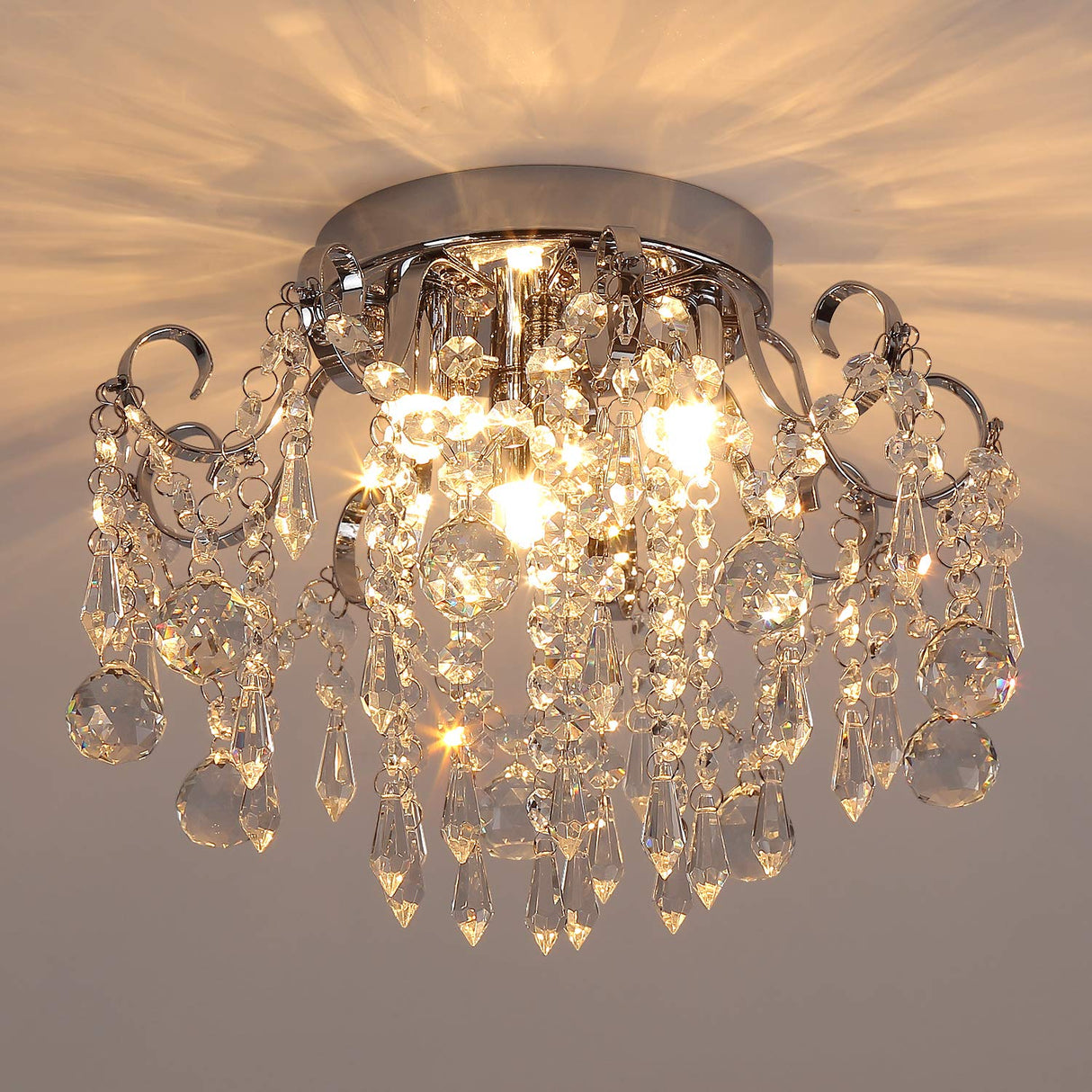 Small Crystal Chandelier Flush Mount Ceiling Light 3 Lights Modern Chrome Iron Raindrop