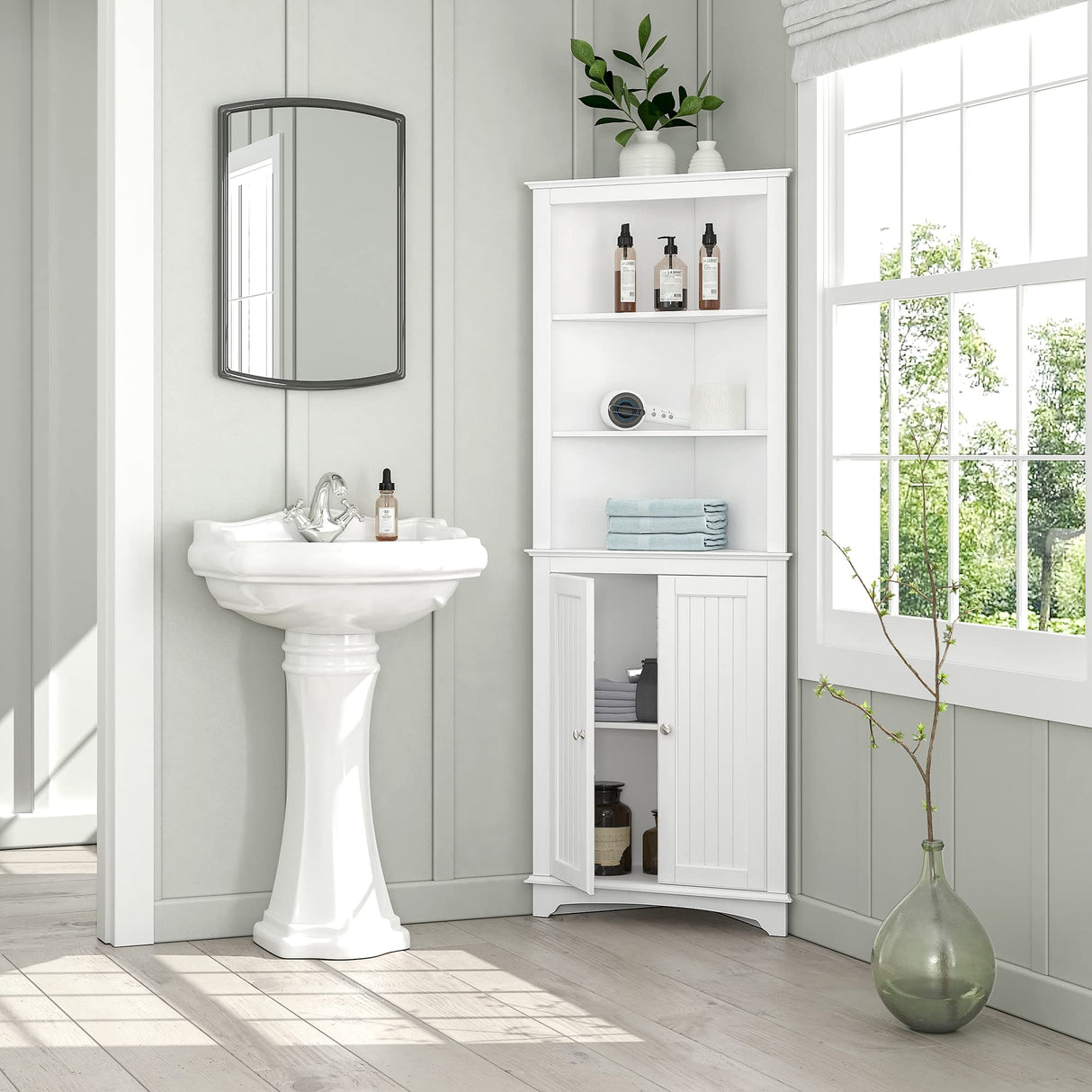 Tall Corner Cabinet with Doors and Shelves, Freestanding Corner Storage Cabinet for Bathroom,