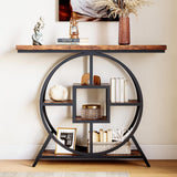 41.3" Industrial Console Table with Circle Base, 5-Tier Rustic Brown Sofa Table