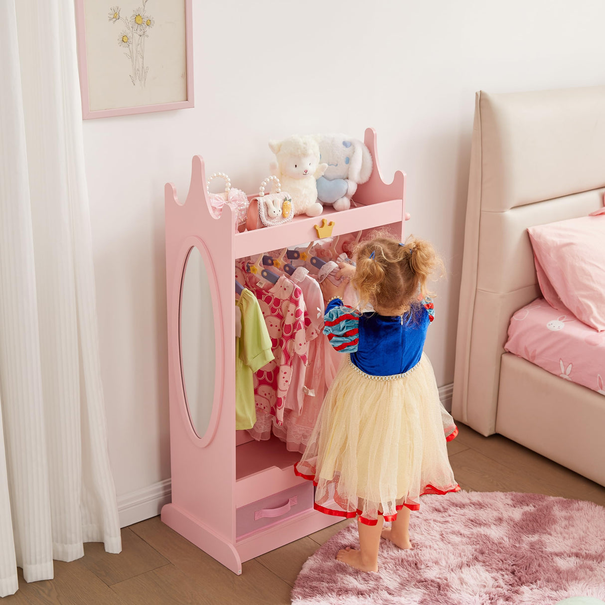 Kids Dress Up Storage with Mirror, Kids Armoire with Non-Woven Drawers