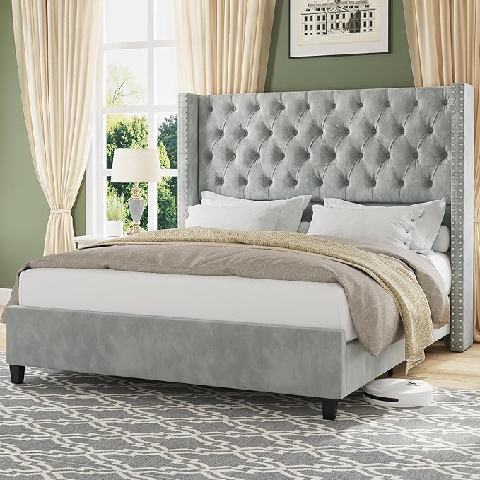 Queen Upholstered Bed Frame with Tall Headboard Wingback Platform Bed Tufted Deep