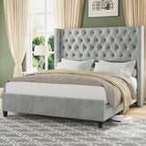 Queen Upholstered Bed Frame with Tall Headboard Wingback Platform Bed Tufted Deep