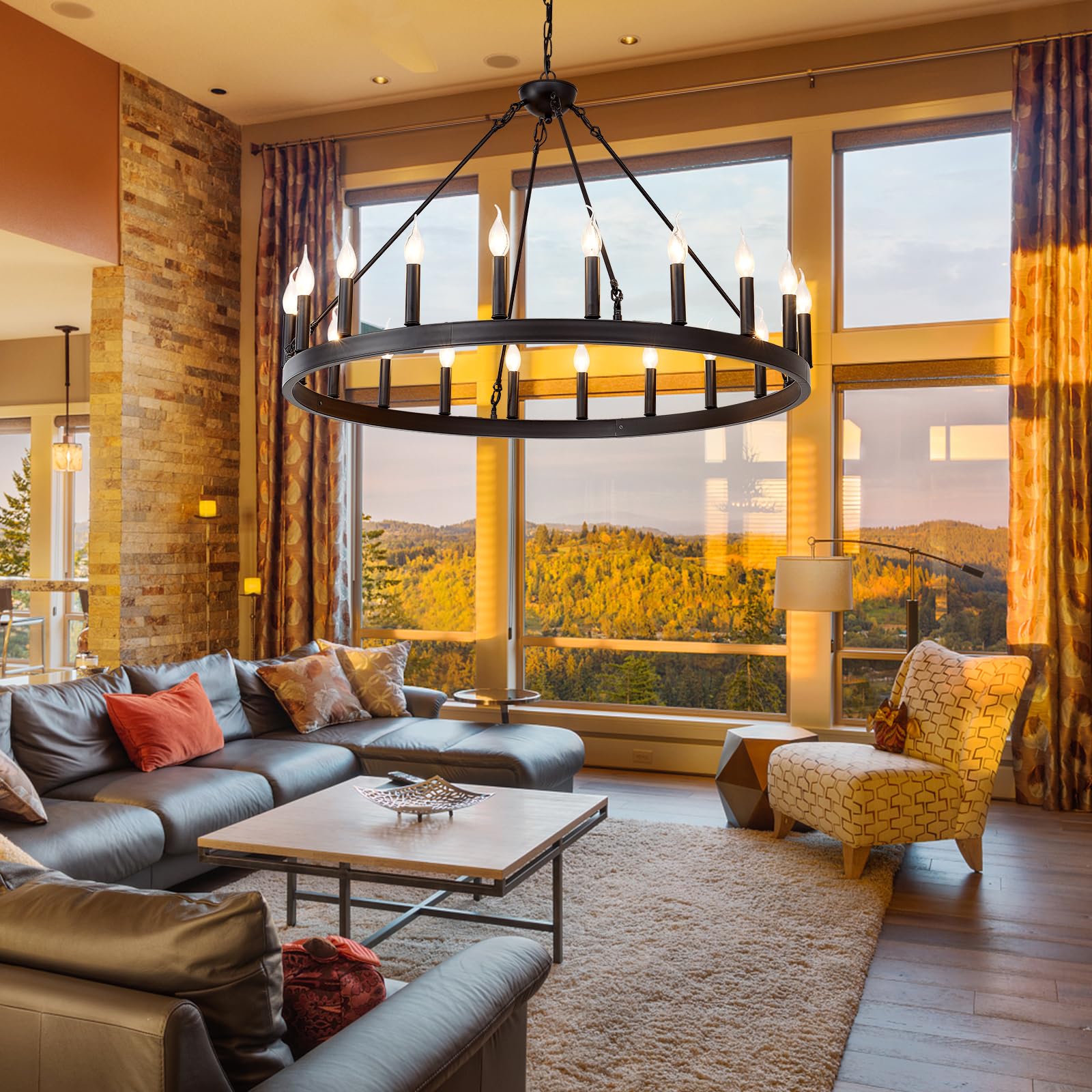 Black Wagon Wheel Chandelier 40 inch,20-Light Farmhouse Wagon Wheel Chandeliers