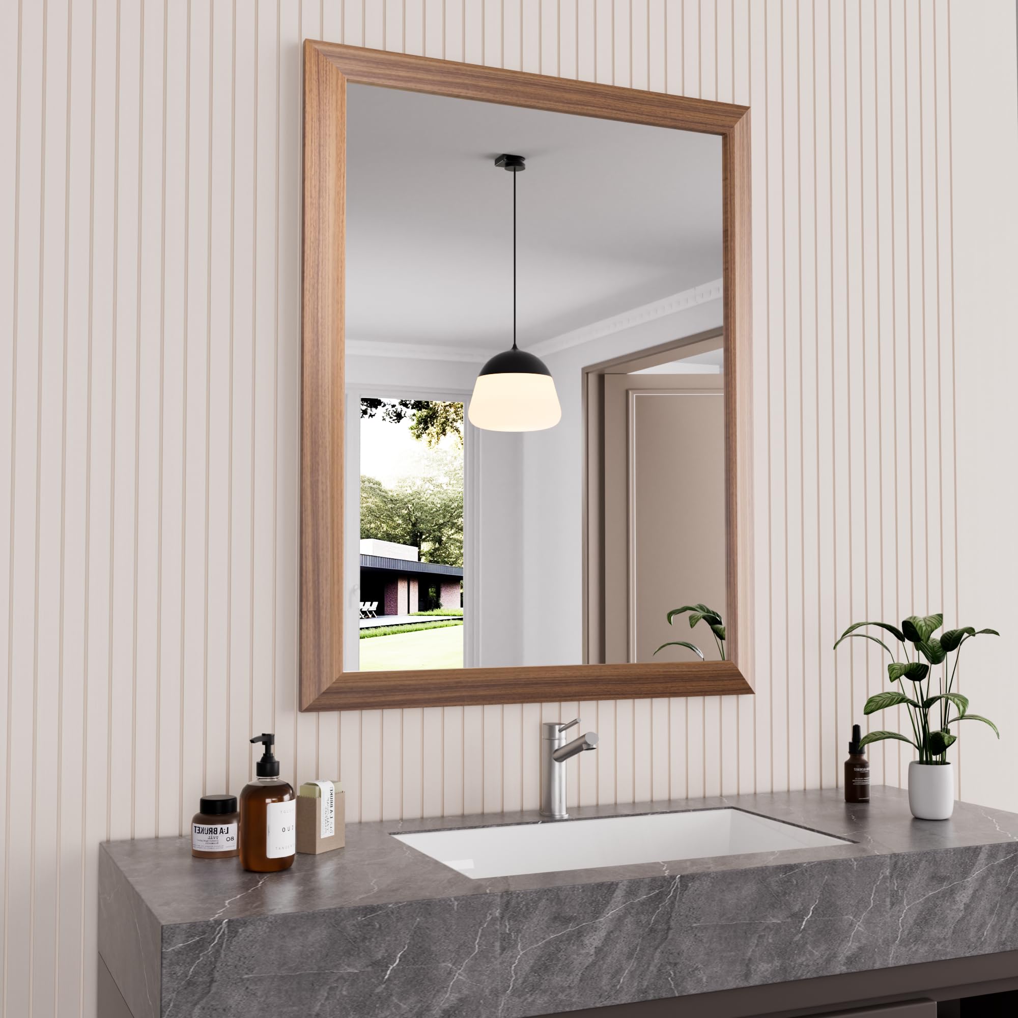 Bathroom Mirror for Over Sink, Walnut Wood Grain Metal Frame Wall Mirror