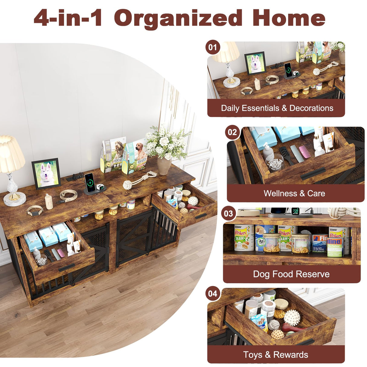 63" Double Dog Crate Furniture with Sliding Door & Charging Station