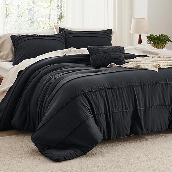 Navy Blue Queen Comforter Set - 4 Pieces Pinch Pleat Bed Set