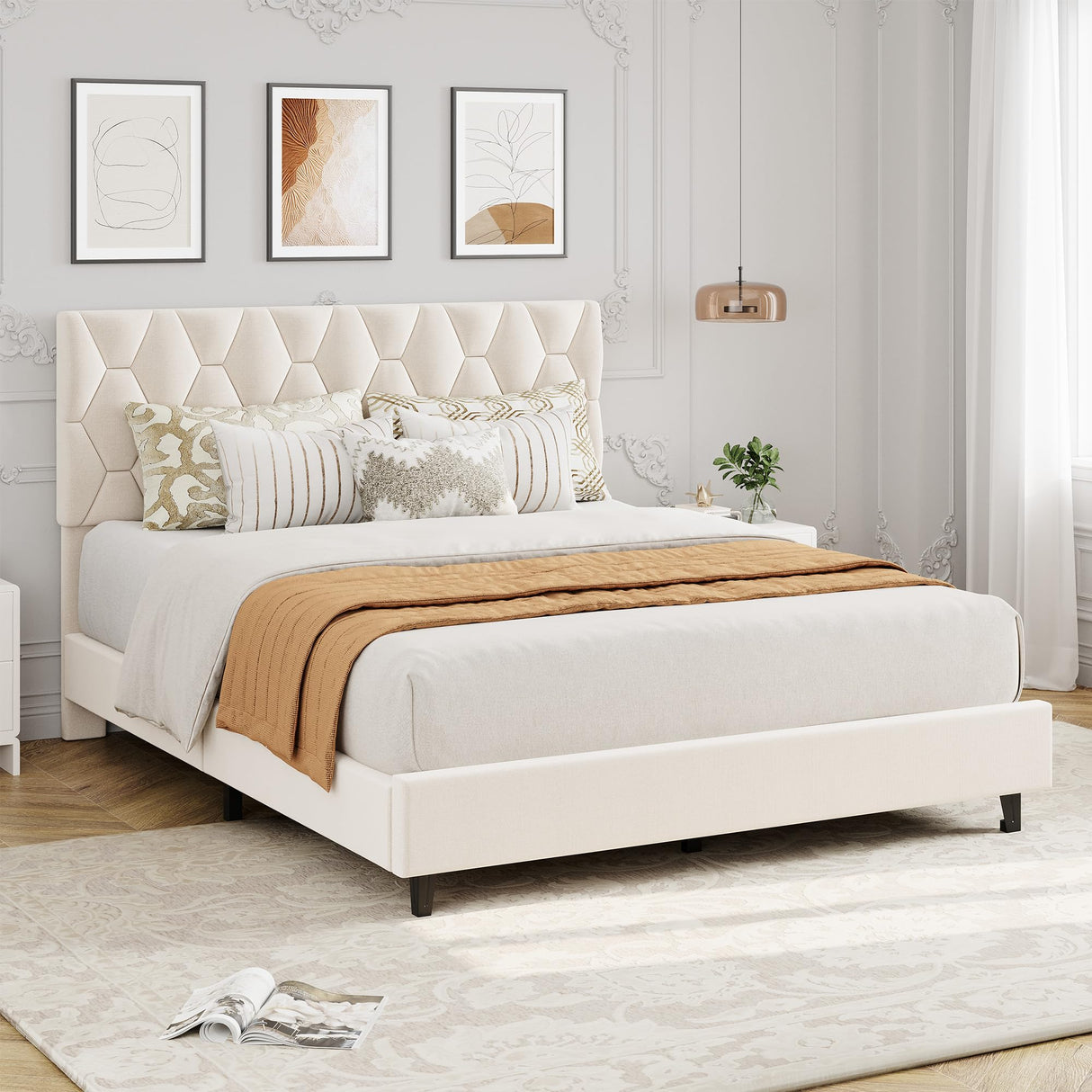 Beige Upholstered Queen Bed Frame with Platform & Wood Slats
