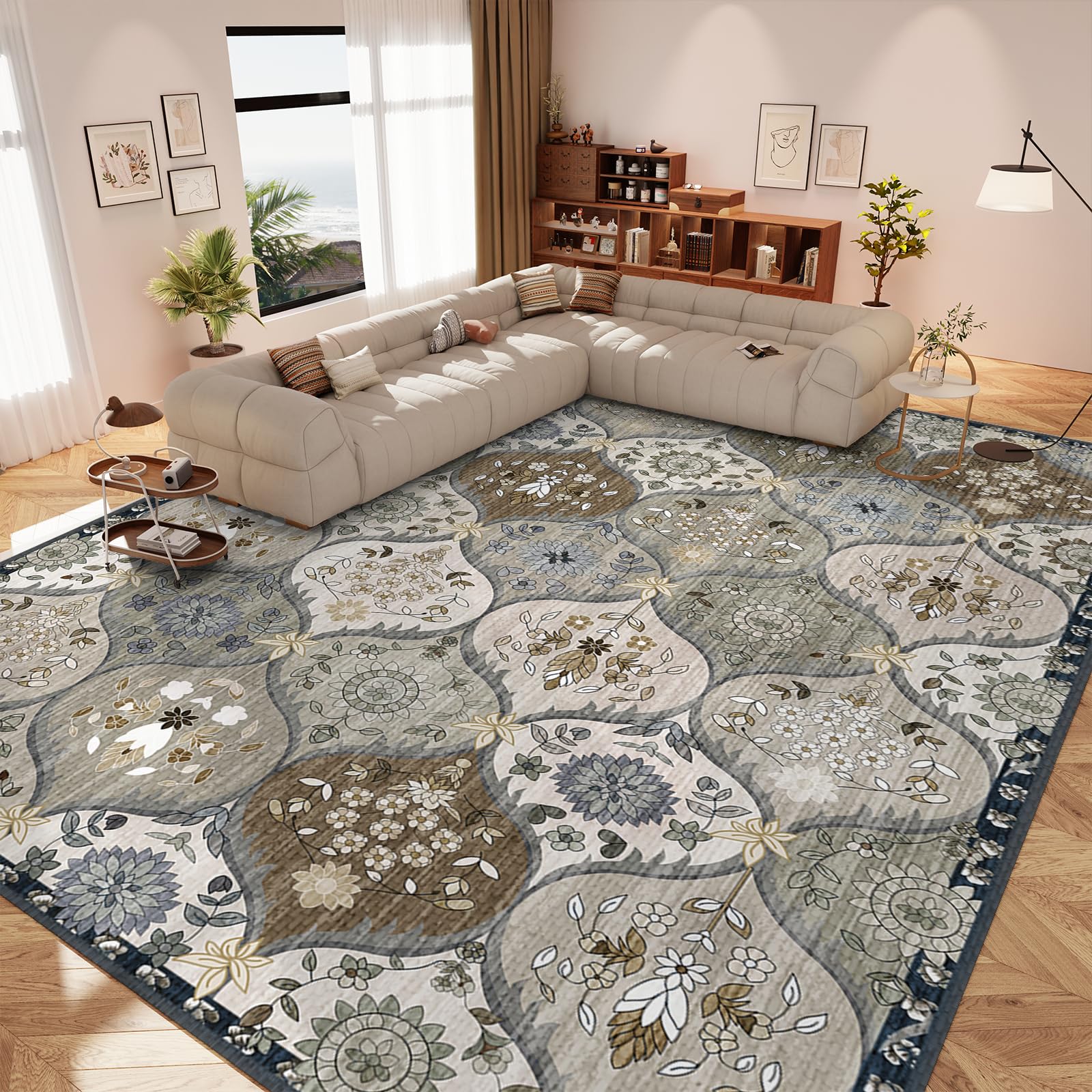 Washable Rug 5x7 - Machine Washable Floral Area Rugs with Non Slip Backing