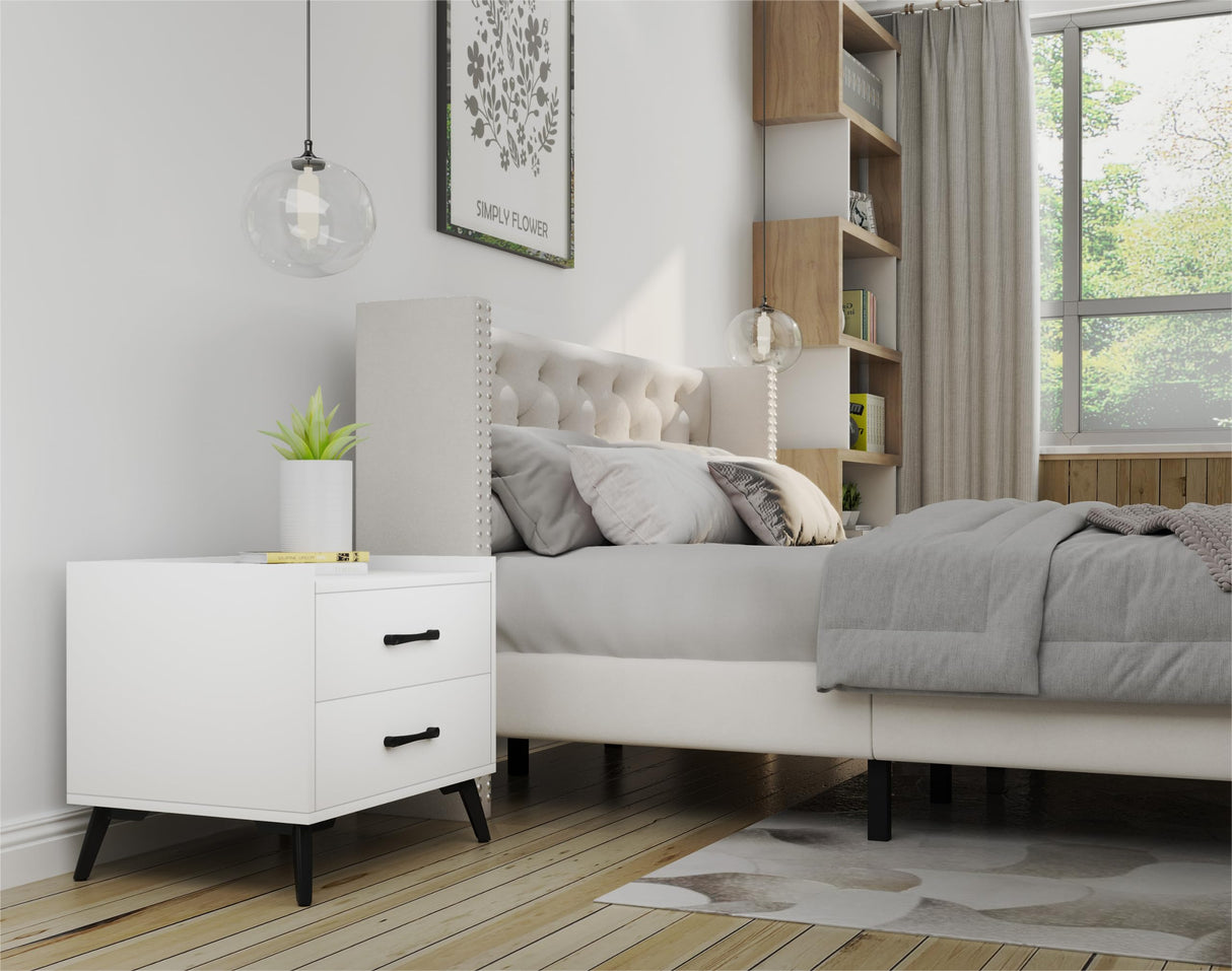 Nightstand with 2 Drawers: White Besides - Table for Bedroom Modern End Table for Bedroom Small Caninet with Solid Metal Legs