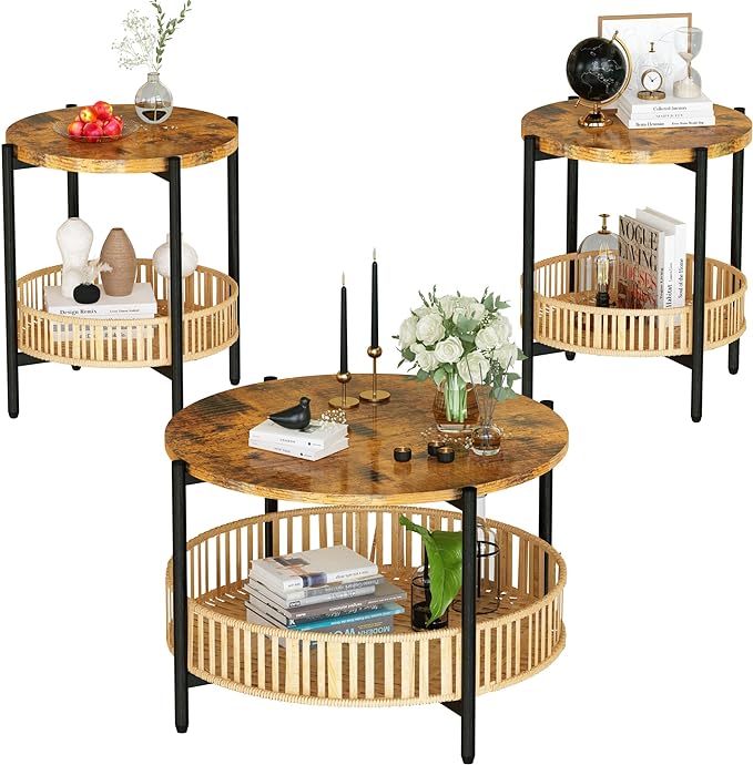 3 Pieces Coffee Table Set for Living Room, 2 Tier Round Rattan Coffee End Side Table