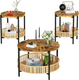 3 Pieces Coffee Table Set for Living Room, 2 Tier Round Rattan Coffee End Side Table