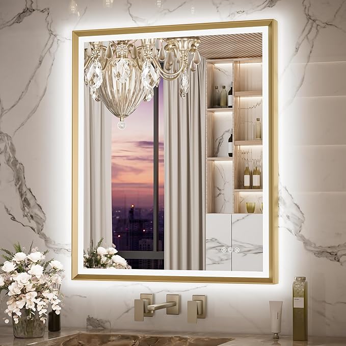 40 x 24 Inch Gold LED Bathroom Mirror, Gold Mirror with Frontlit & Backlit, Metal Framed