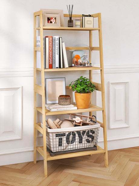 Tall Narrow Bookshelf and 4 Tier Ladder Shelf, Bamboo Bookcase Freestanding Bathroom Shelf