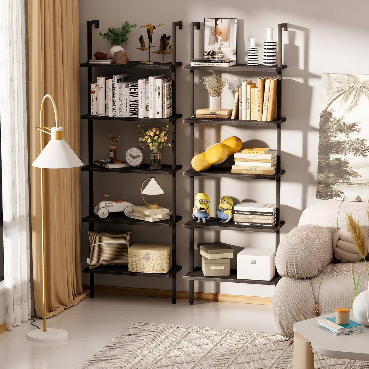 Ladder Shelf 2PCS Open Bookshelf 5-Tier Wood Wall-Mounted Black Bookcase