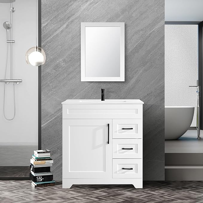 36” Luxurious Bathroom Vanity with Ceramic Sink Combo, White Bathroom Cabinet